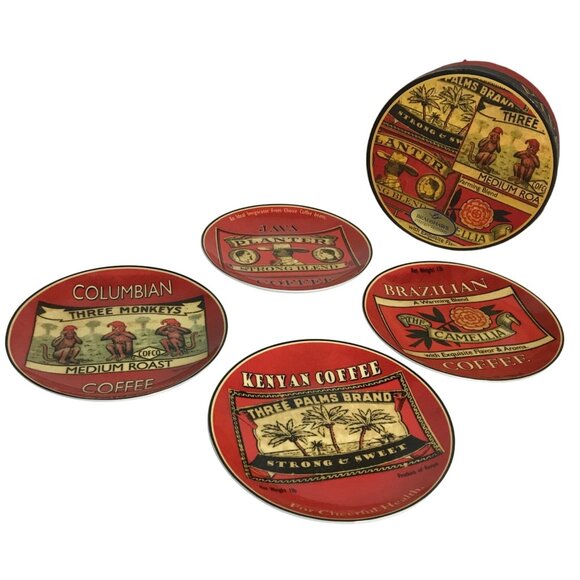 BIA World Coffee Themed Ceramic Plates Set Of 4 Dessert  6 1/2" Red Yellow - Picture 1 of 11